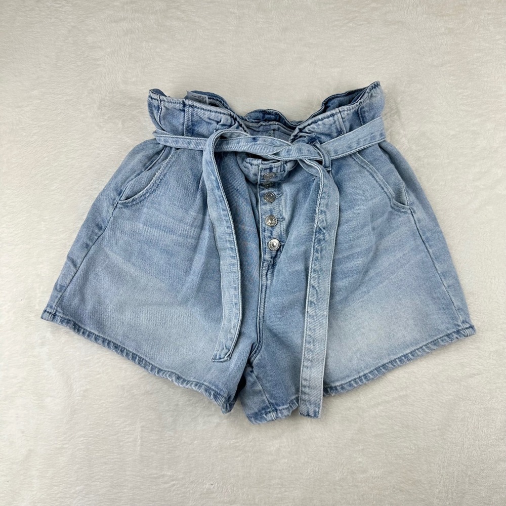 American Eagle Denim Shorts Womens 14 Light Wash‎ High Rise Tie 100% Cotton